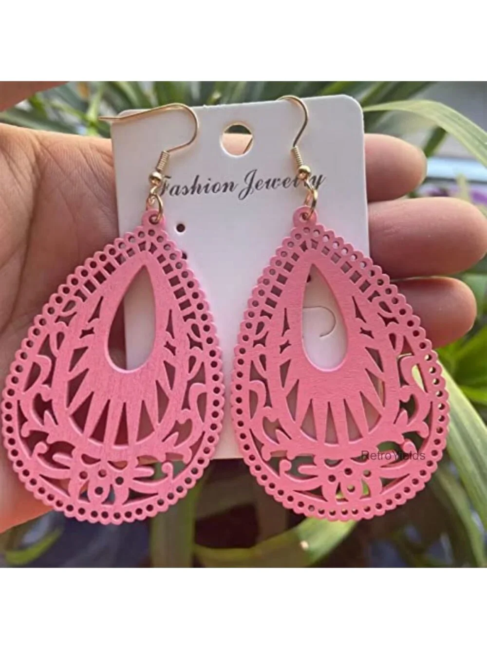 Bohemian Wood Drop Earrings Handmade Geometric Hollow Teardrop Lightweight